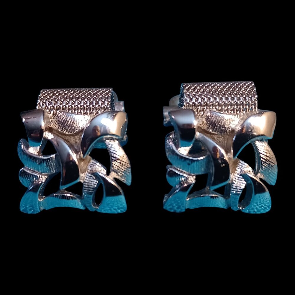 Vintage Dante Silvertone Sculptural Cufflinks Mesh Wrap Abstract MCM